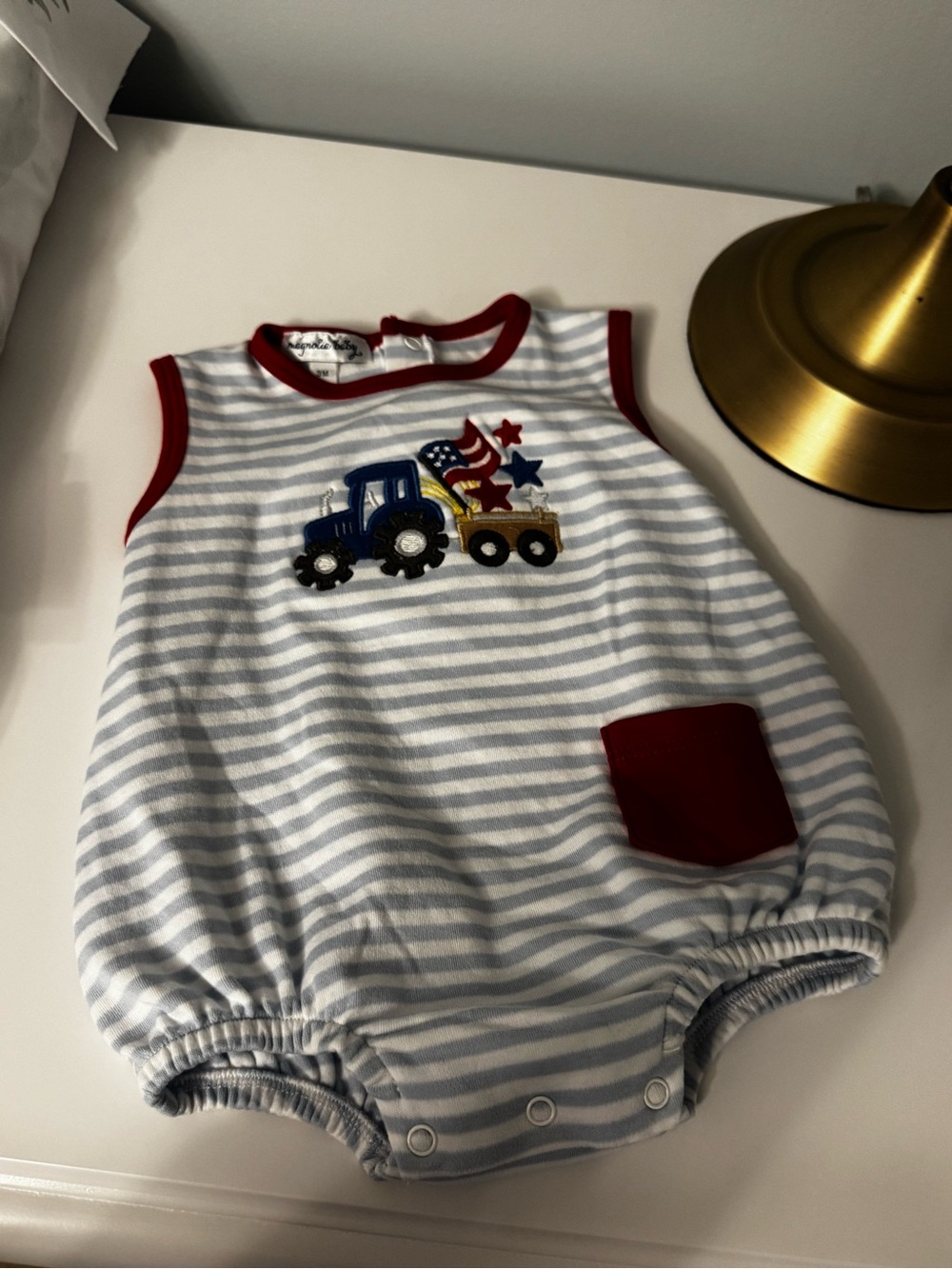 Magnolia Blue & White Striped Tractor Romper with Red Trim